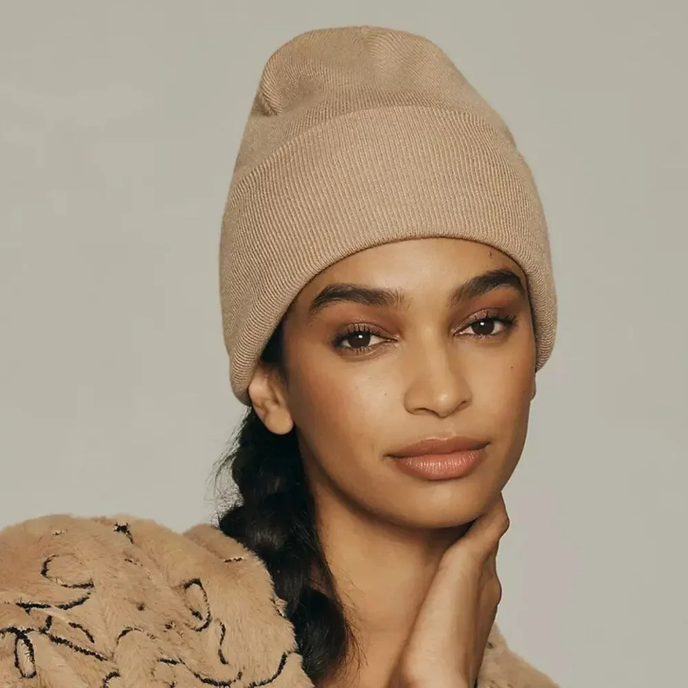 NWT ANTHROPOLOGIE Fine Gauge Beanie Tan Hat Soft Beige Cuffed Knit OS